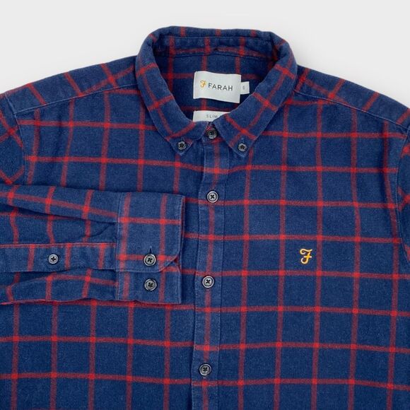 Farah Shirt Mens Small Slim Fit Flannel Windowpane Check Navy Logo Button Down - Picture 2 of 13